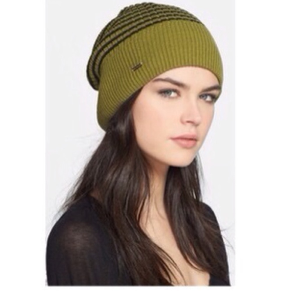 Free People Olive Green and Black Striped Beanie Hat Unisex 9" EUC
